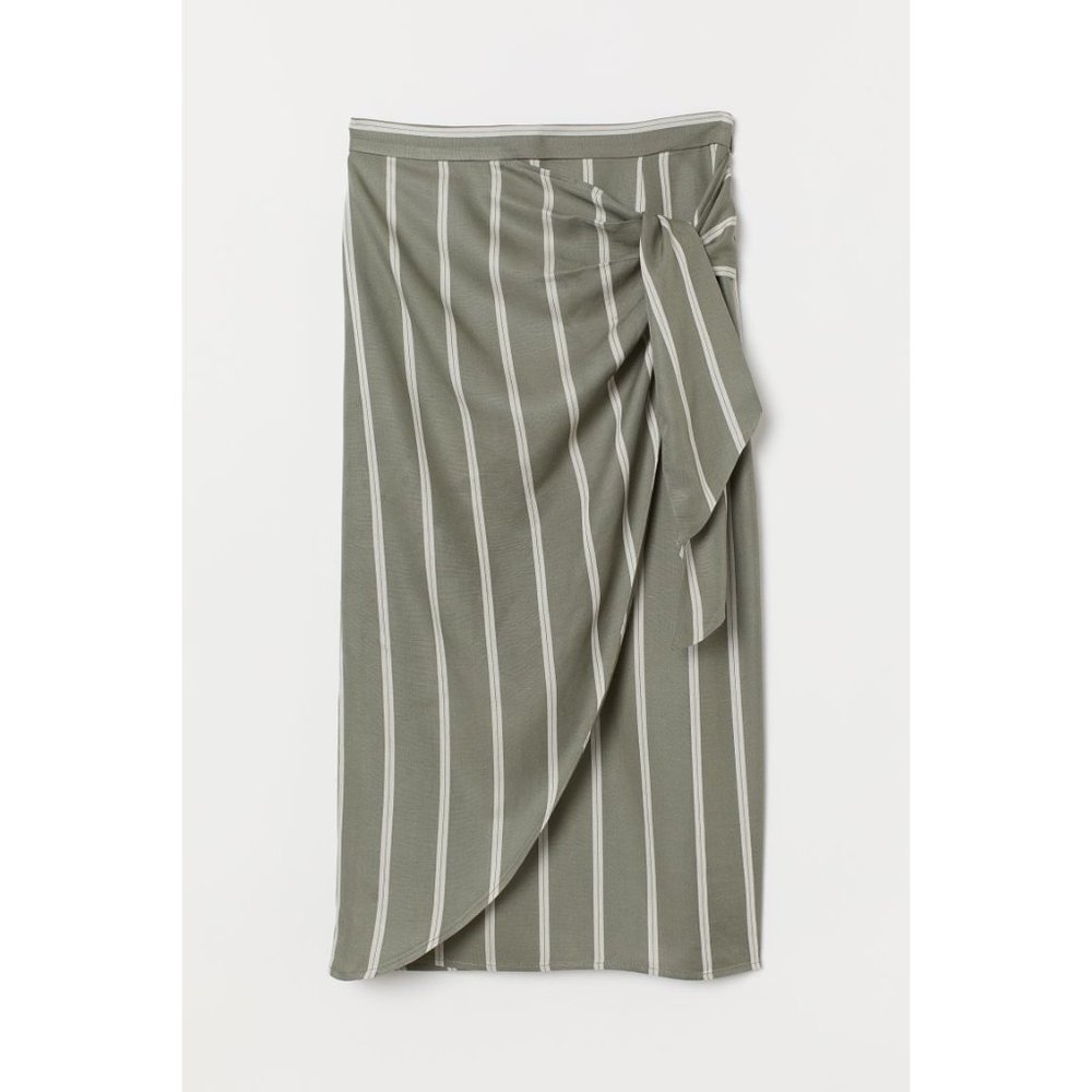 H&M Olive Khaki Green & Cream Striped Midi Skirt with Tie Belt Size 2